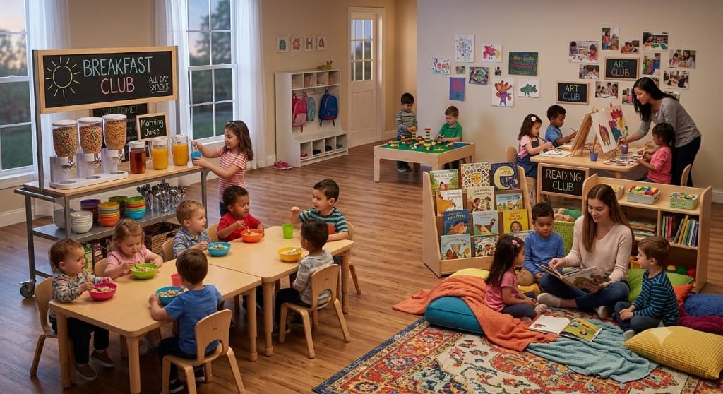 Children enjoying breakfast and club time at HappyDale Learning Centre