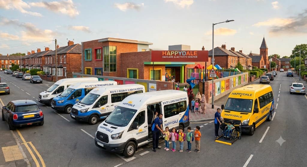 HappyDale branded vans and accessible bus ready for school pickup and drop-off